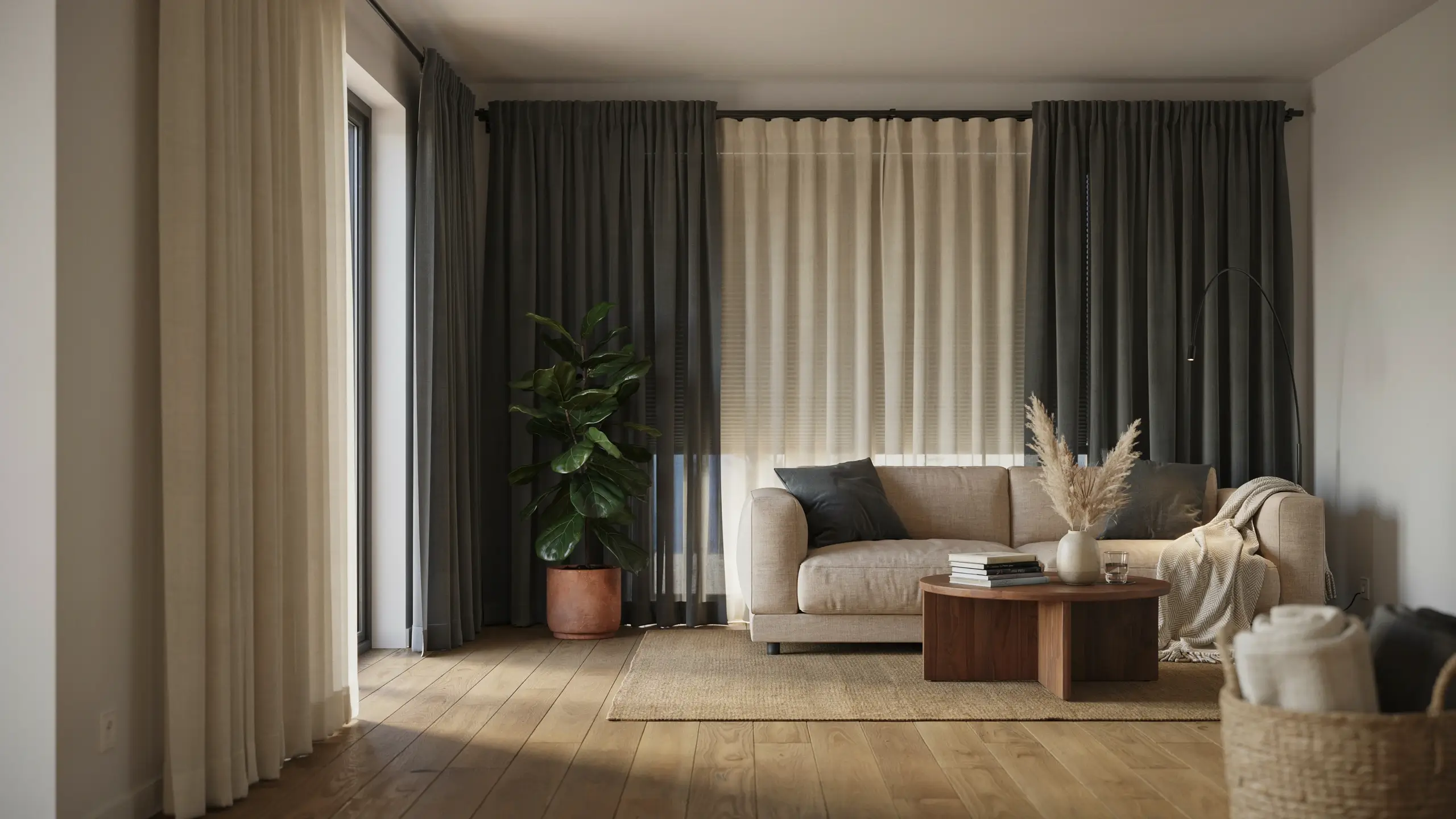 layered-dark-gray-thermal-curtains-sun-blocking-living-room.