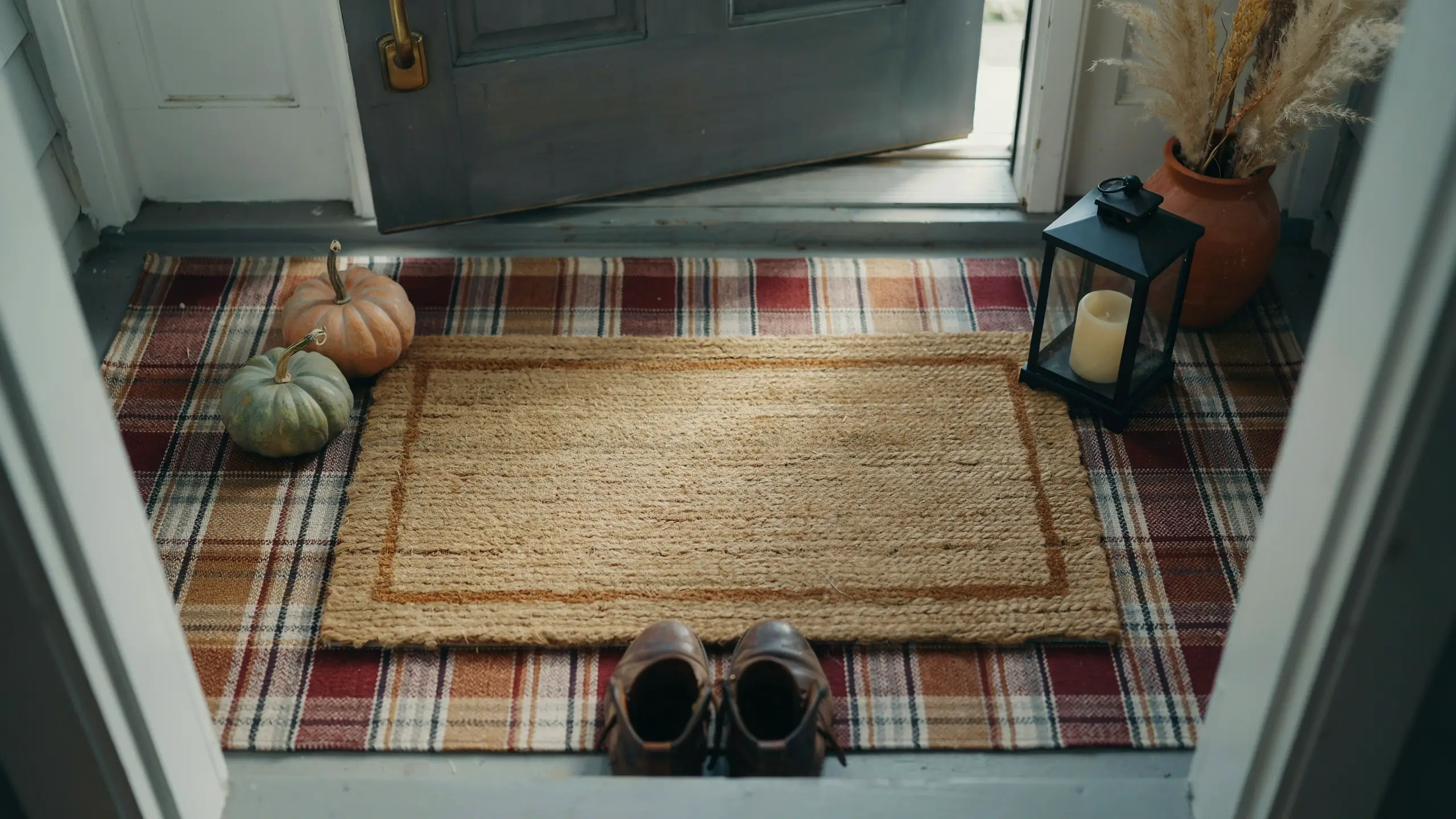 Natural coir doormat layered over a plaid fall rug with pumpkins and a lantern at the front door.