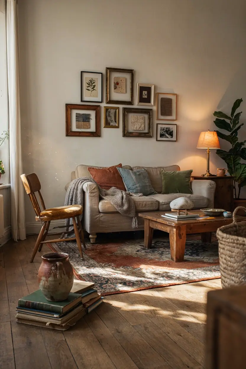 Layered living room with vintage furniture, gallery wall, patterned rug, books, and warm lighting.