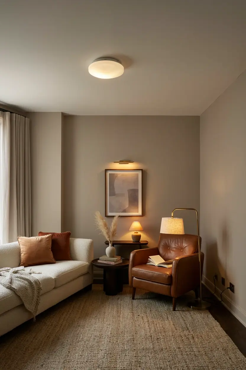 Warm living room with layered ceiling, picture, table and floor lighting around a leather reading chair.