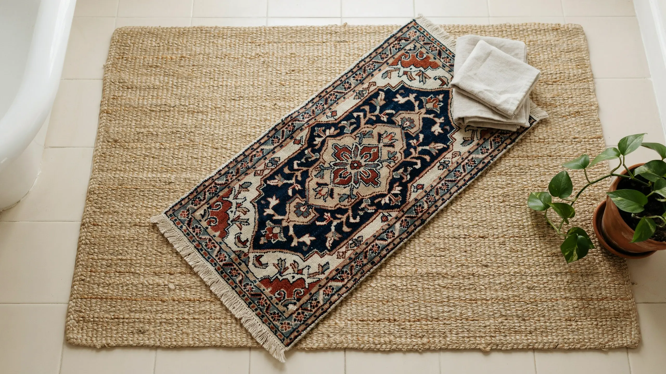 Layered bathroom styling featuring a natural woven jute base mat topped with a blue, cream, and rust patterned oriental runner rug, placed on white tile flooring alongside folded white towels and a green potted pothos plant.