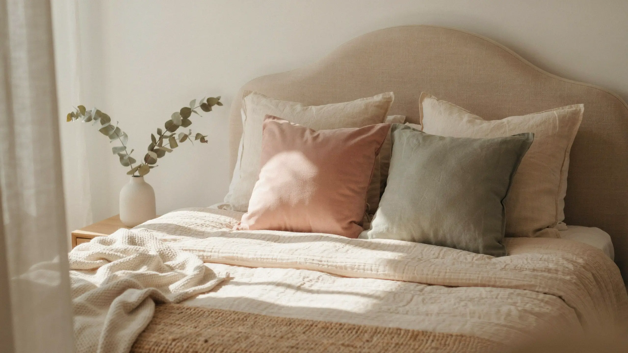 Sunlit neutral bedroom bed with white duvet, rose and sage pillows, and a white vase with eucalyptus foliage. 