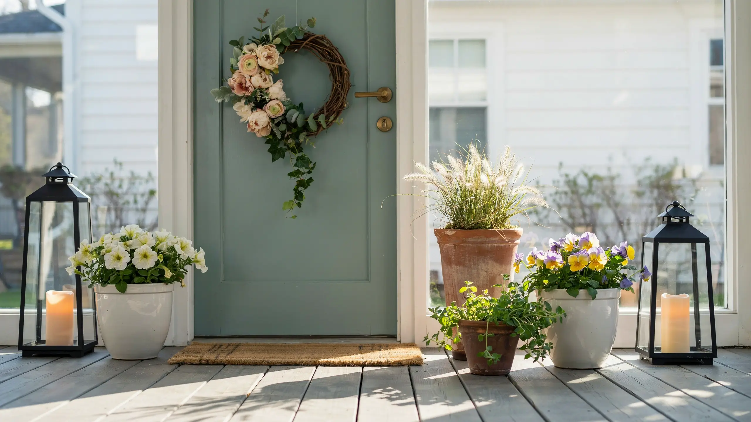 Sage green front door with an asymmetrical pink rose wreath, flanked by graduated terracotta and white planters holding pansies and white blooms, with black candle lanterns on a sunny porch. 