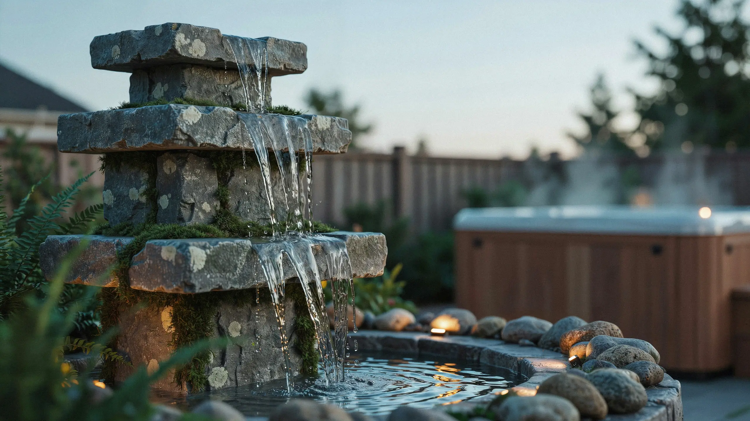 Layered stone garden fountain with water cascading over mossy rocks, sitting next to a steaming wooden hot tub in a peaceful backyard at dusk.