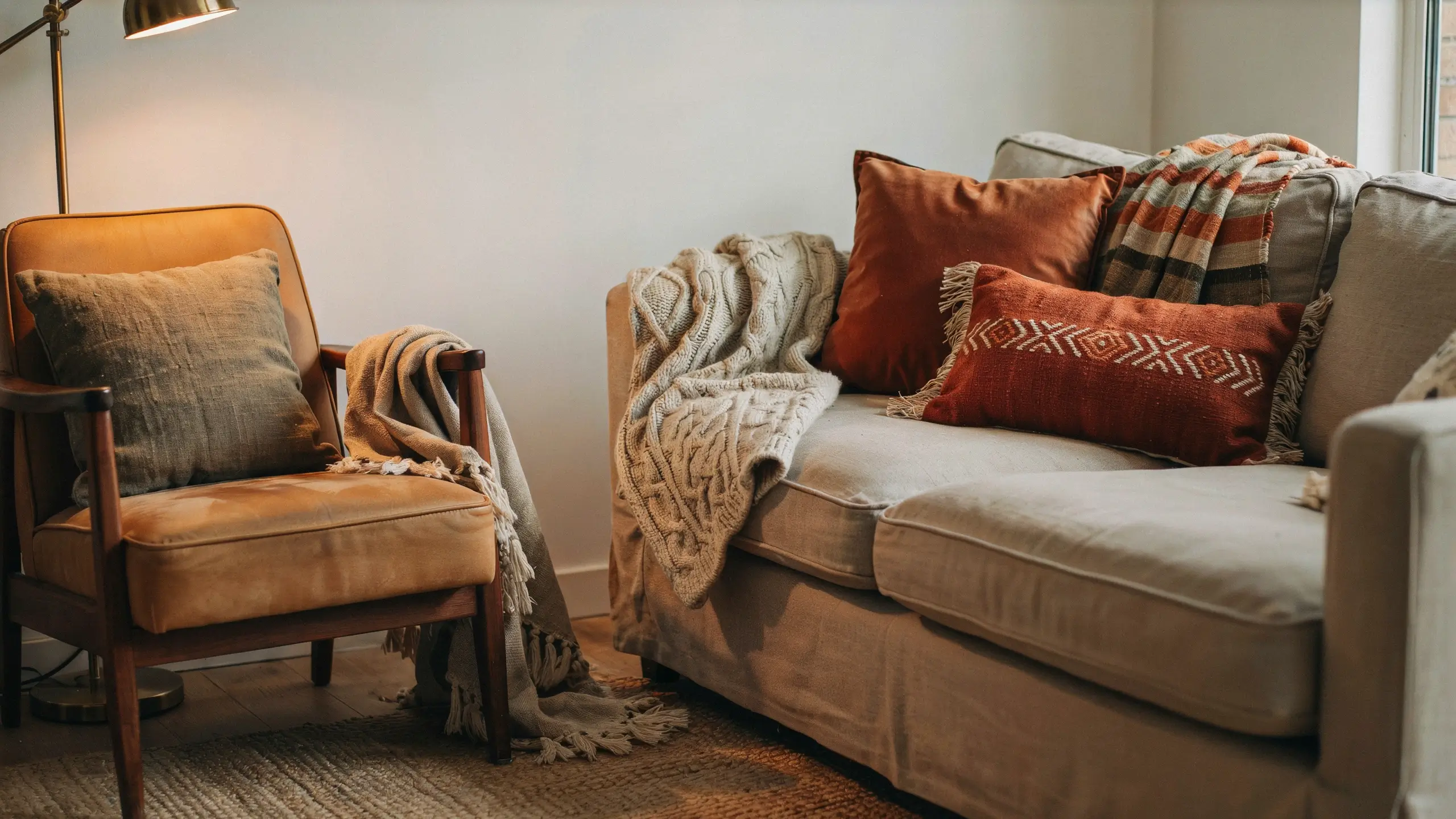 Cozy boho living room with layered knit throws and textured rust pillows on a sofa and armchair.