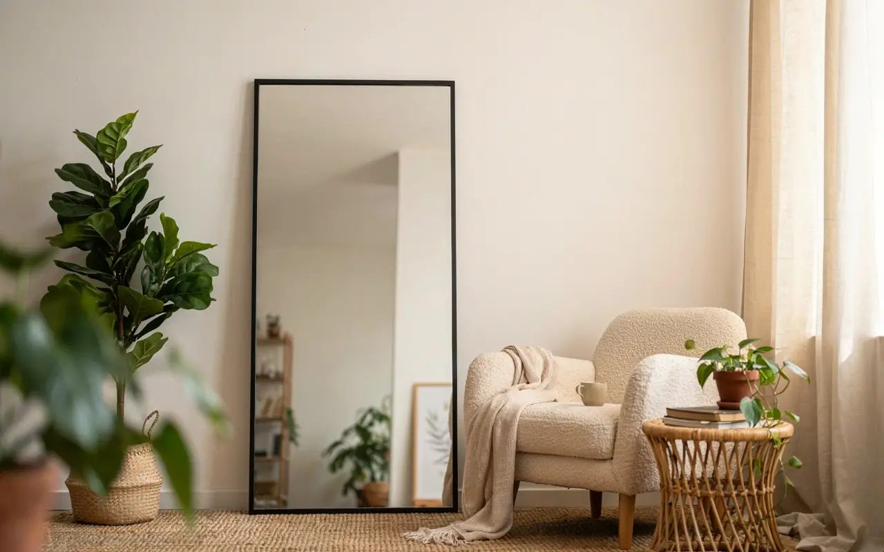 Large black-framed mirror leaning against a rental wall beside a cozy chair and indoor plants.