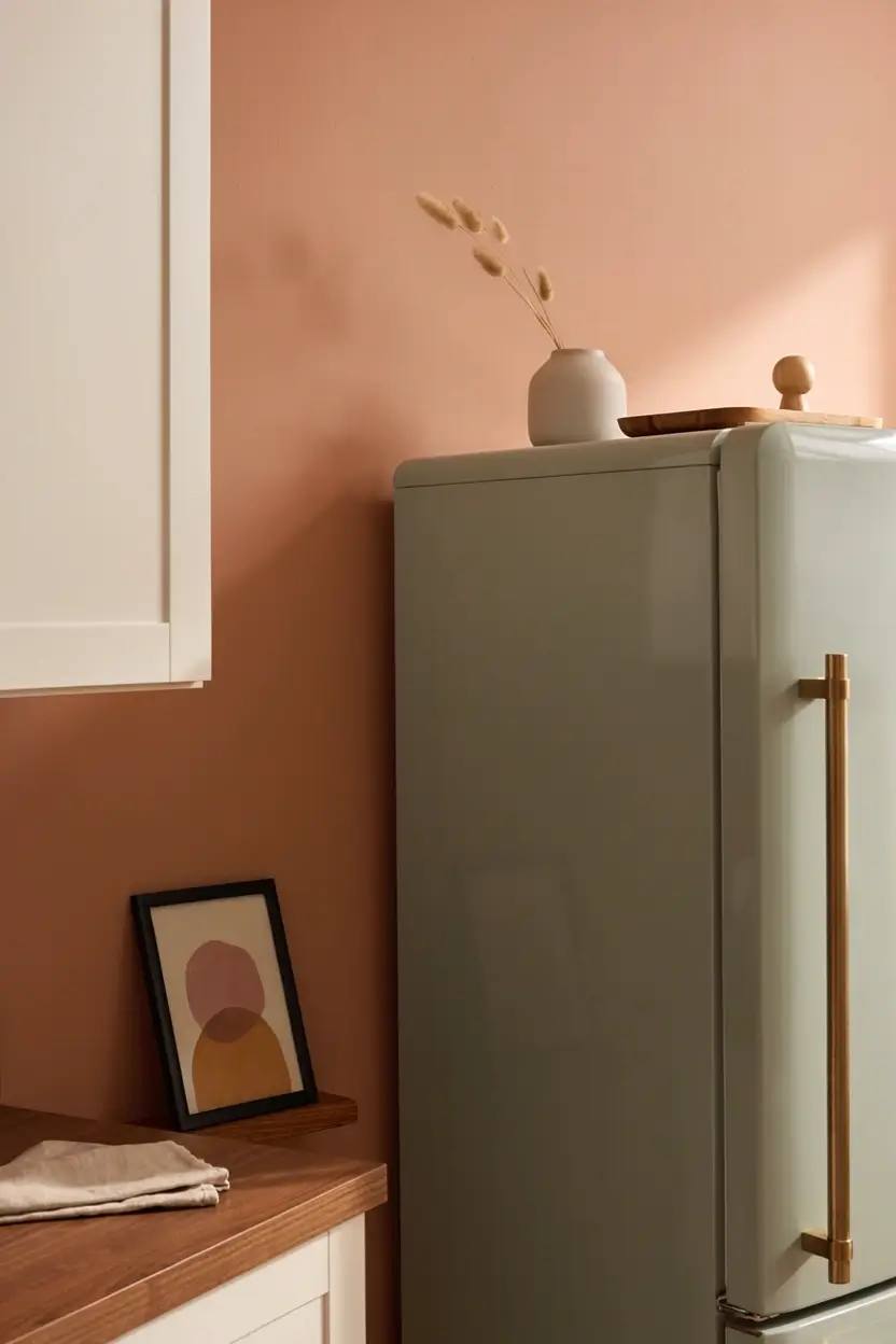 Leaning abstract framed print beside a sage green refrigerator near a terracotta wall.