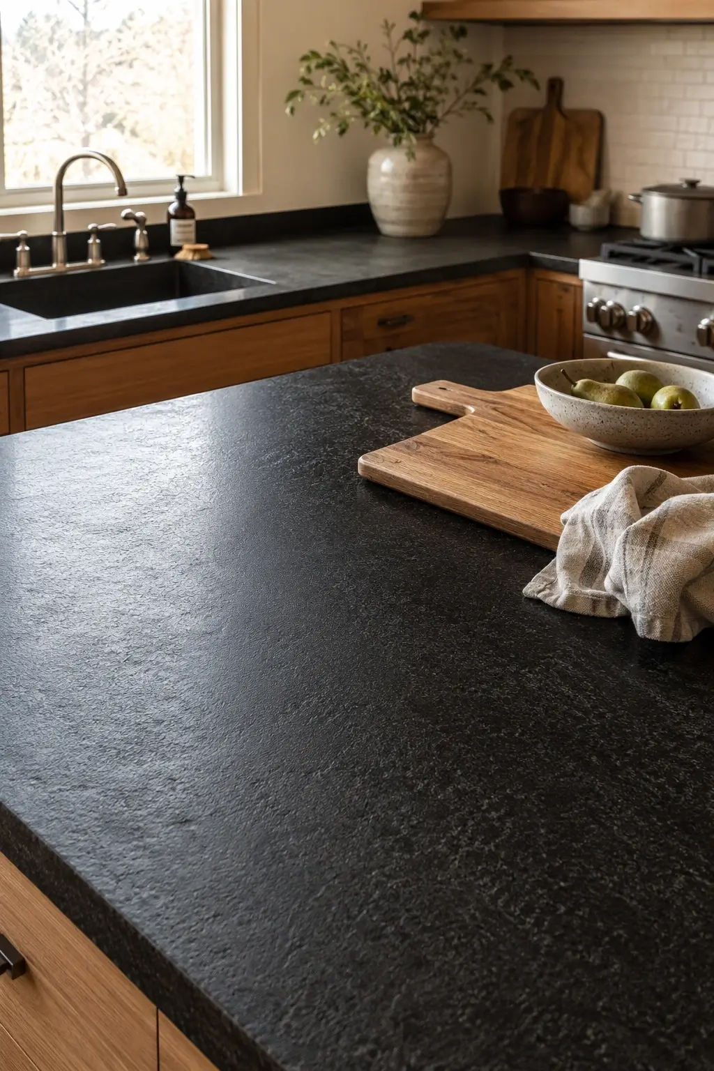 Leathered black granite kitchen countertop with wood cabinets and soft window light reducing glare.