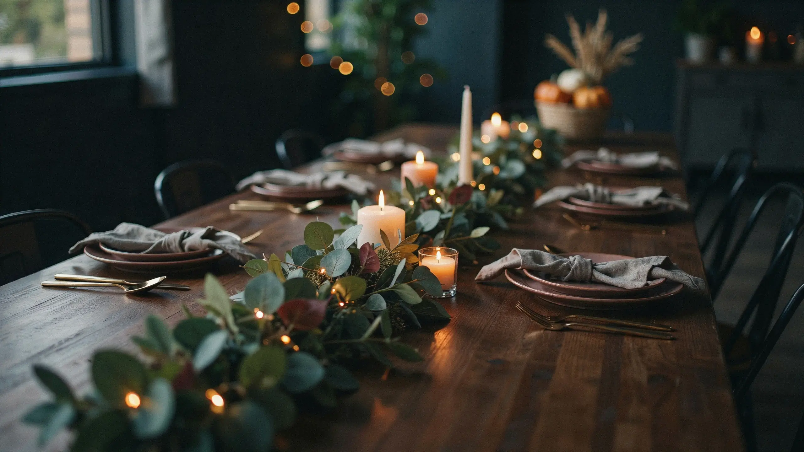 Rustic wooden dining table with an LED greenery garland centerpiece, warm pillar candles, and gold flatware for a cozy holiday dinner.