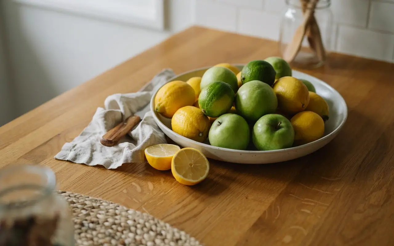 Bowl of lemons, limes, and green apples styled on a wooden kitchen table.