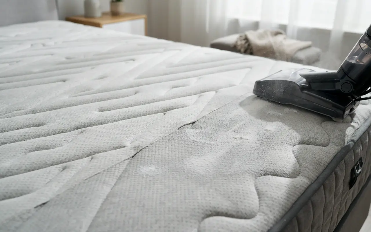Alt Text: Upholstery cleaner passing over a bare mattress before it is left to air out.