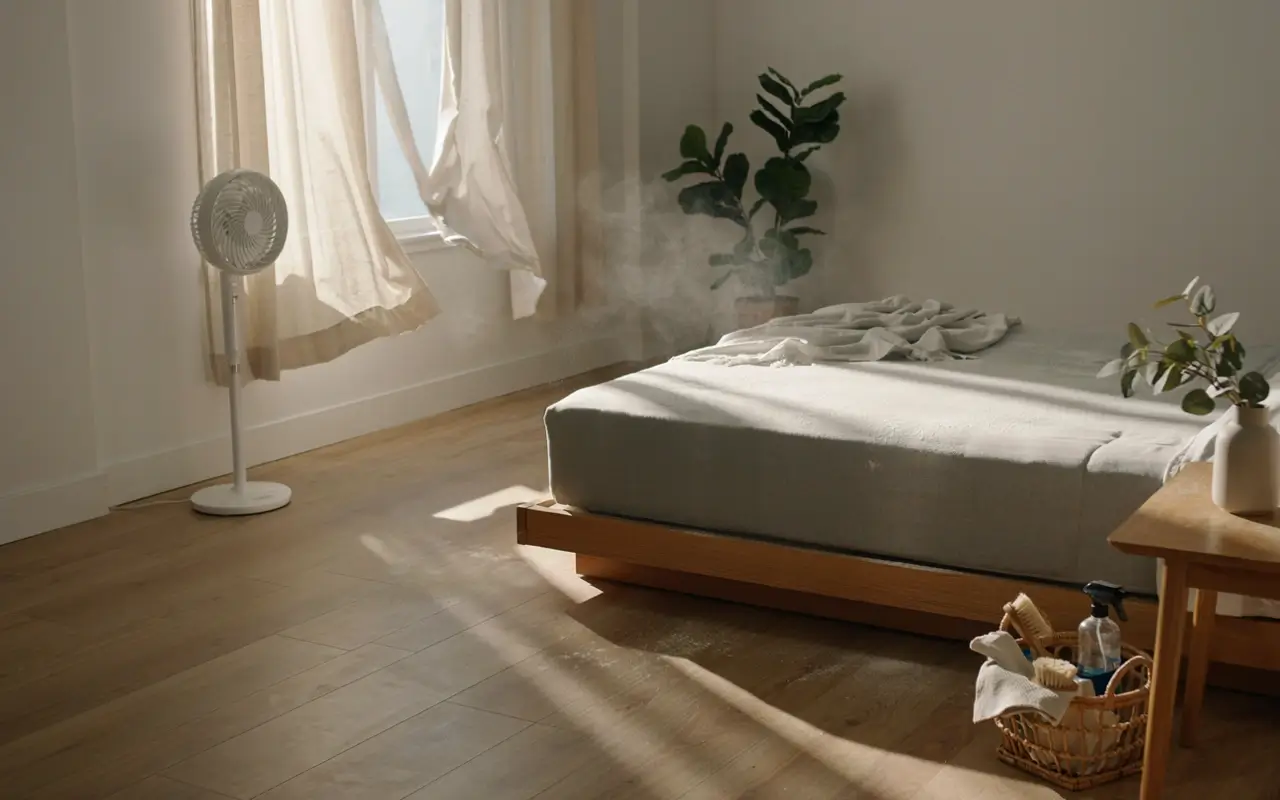 Alt Text: Mattress left uncovered beside an open window and fan to dry after deep cleaning.