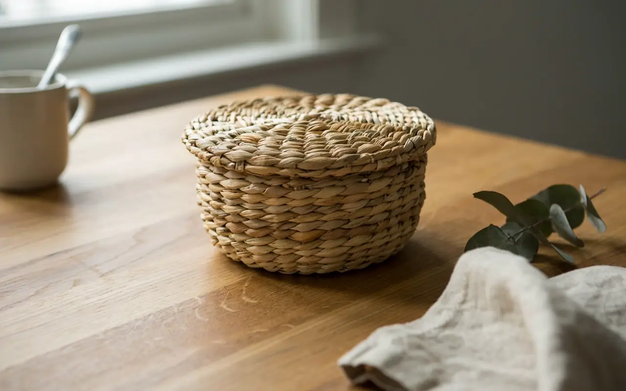 Lidded woven basket on a wooden kitchen table for hiding mail and school papers.
