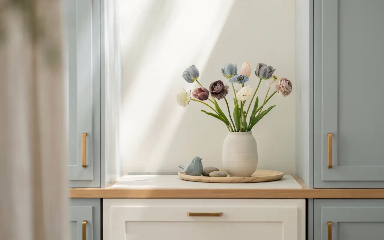 Light textured vase filled with faux tulips and ranunculus on a bright kitchen counter for spring decor.