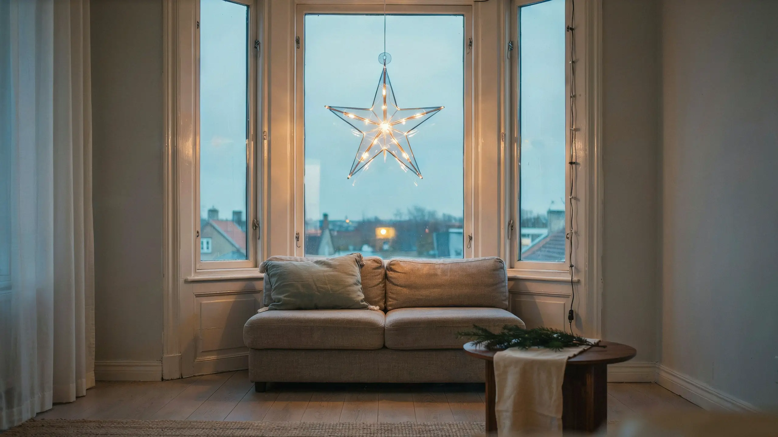 Light-up Christmas star hung with a clear Command hook above a small living room sofa.