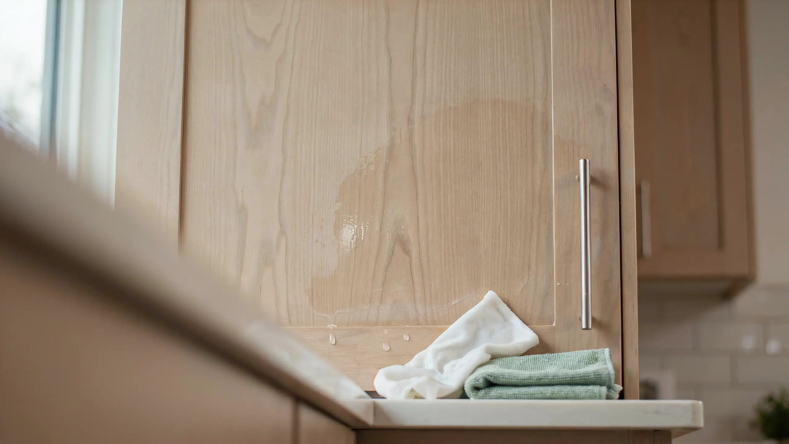 Close-up of a light maple wood kitchen cabinet door showing visible water spots and droplets, with a silver handle, alongside a crumpled white microfiber cloth and a neatly folded green towel resting on a white countertop, visually illustrating the important final step to rinse and dry cabinets thoroughly to prevent water damage to the wood finish.