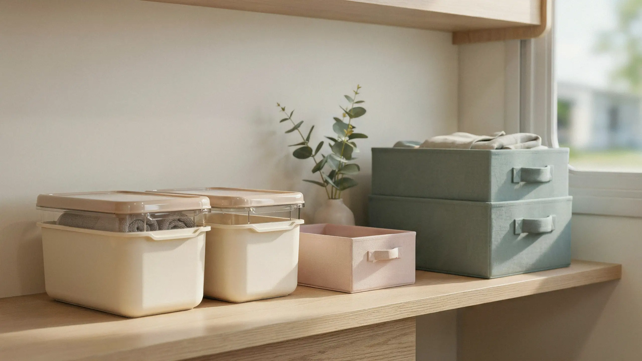 A set of lightweight plastic storage bins with clear lids and soft fabric organizing boxes in pink and sage green, sitting on a light wooden closet shelf next to a small eucalyptus plant.
