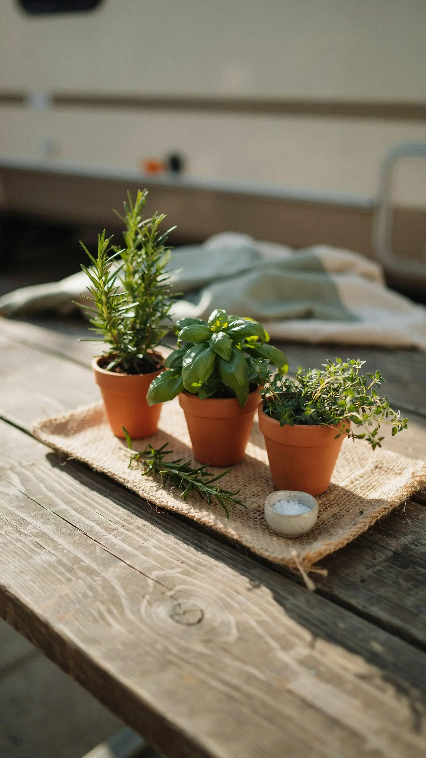 A vibrant small herb garden featuring fresh rosemary, basil, and thyme in lightweight terracotta pots resting on a rustic wooden table with a jute runner. 