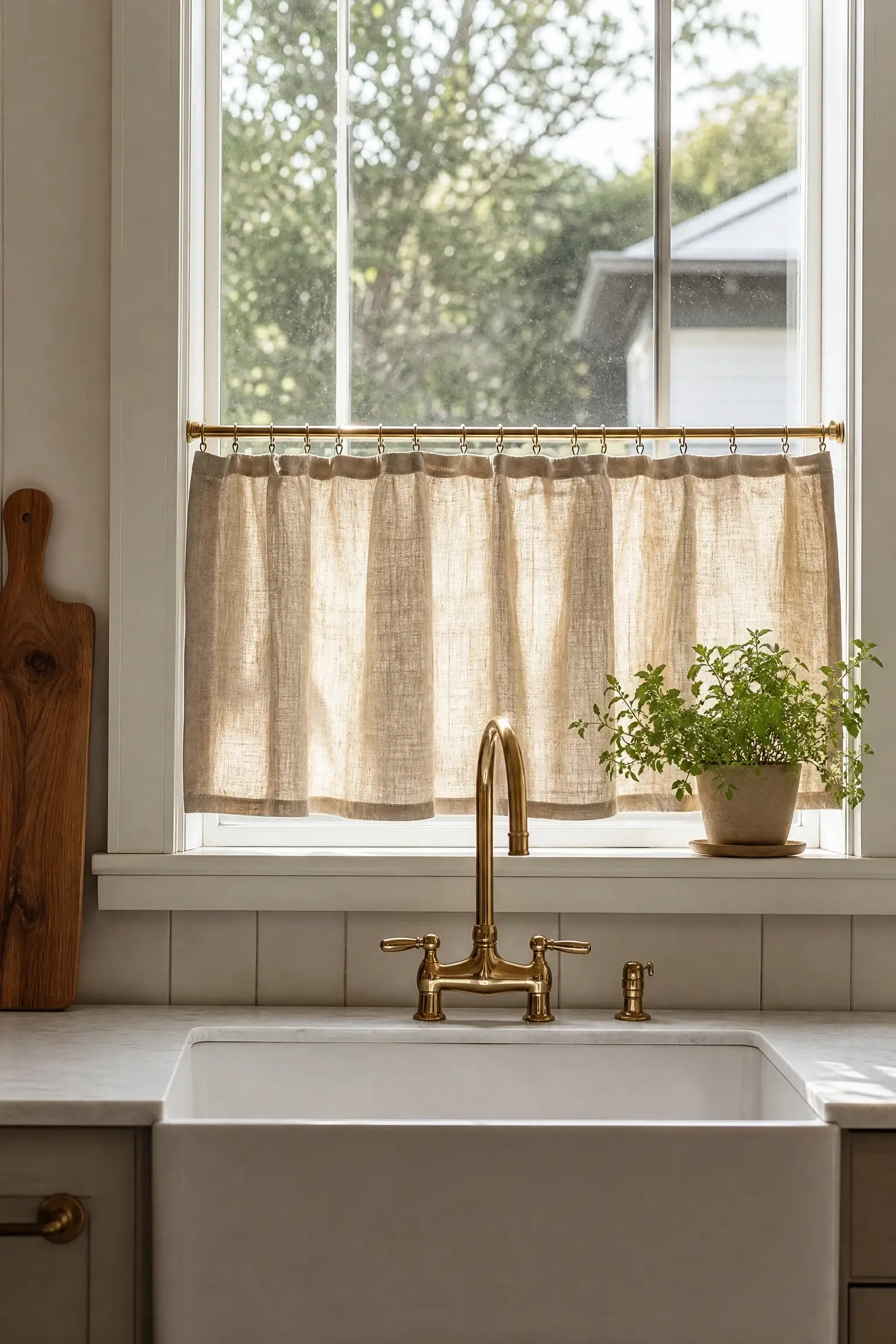 Sunlit kitchen window featuring a natural linen café curtain hanging on a brass rod above a white farmhouse sink and brass bridge faucet, with a potted herb plant on the windowsill.