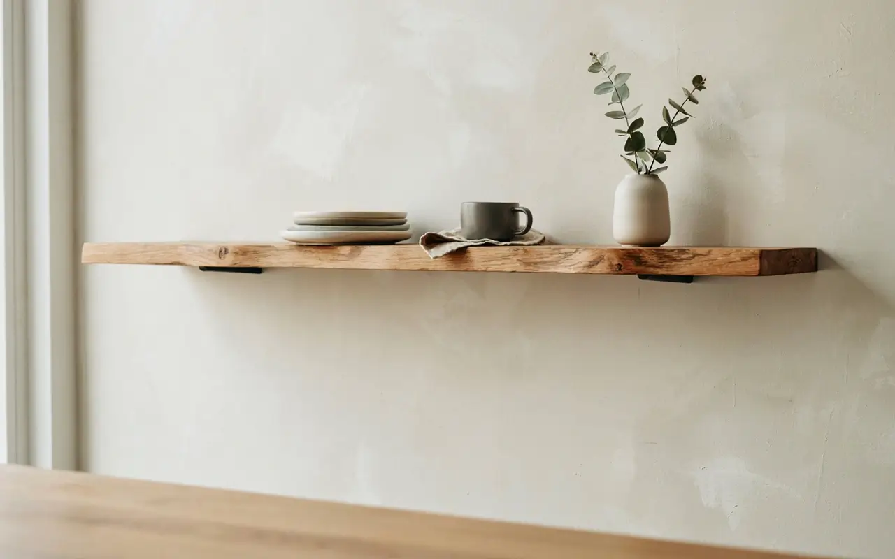 Live-edge walnut kitchen shelf with hidden brackets, stacked plates, gray mug, and ceramic vase.