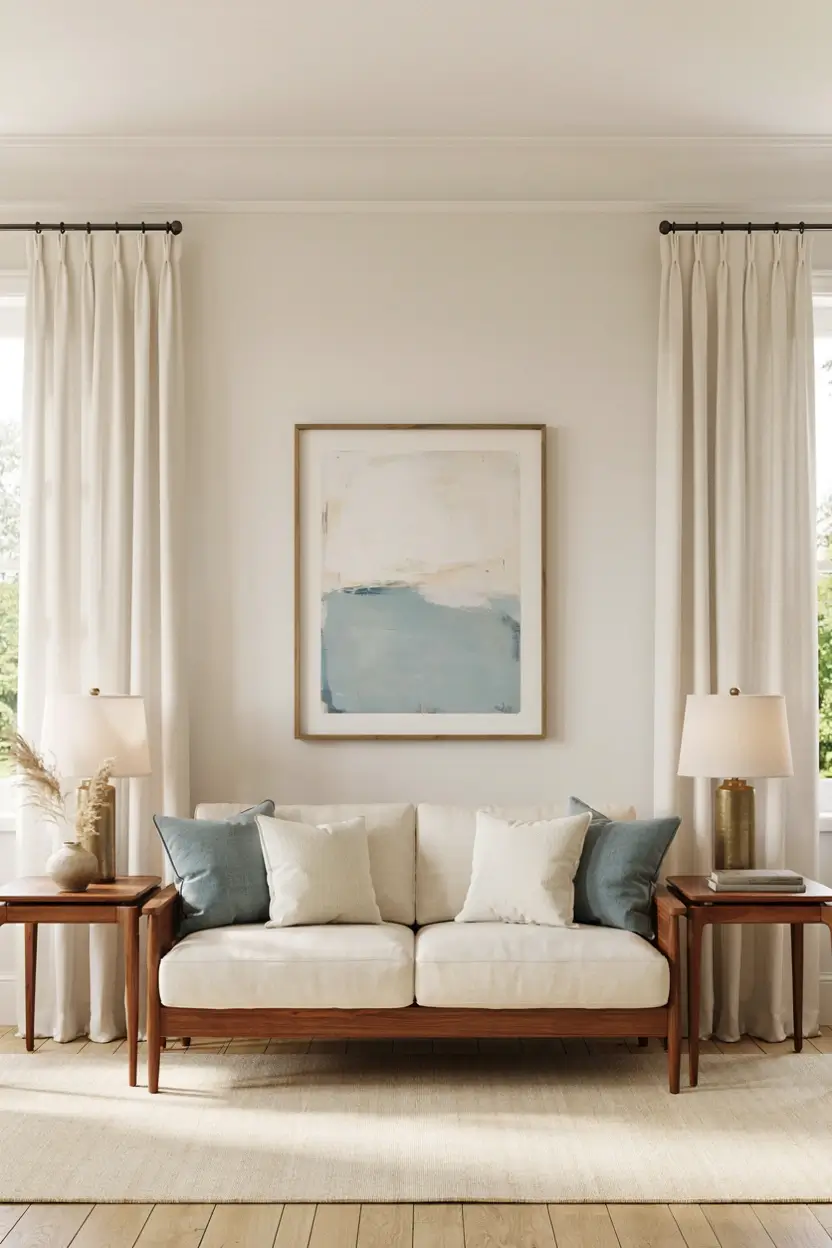 Finished living room with coordinated curtains, lamps, artwork, side tables, and layered sofa pillows.