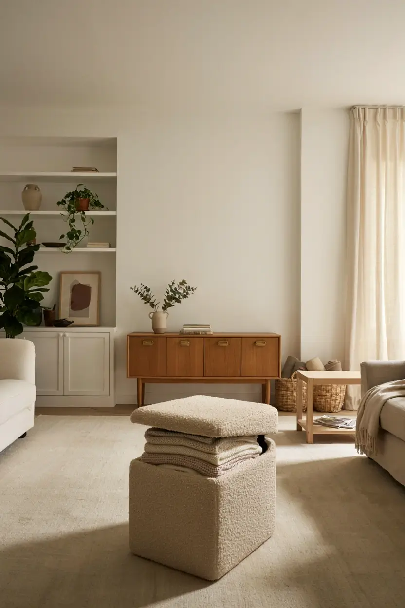 Neutral living room with built-in cabinets, wooden sideboard, storage ottoman, and woven baskets.