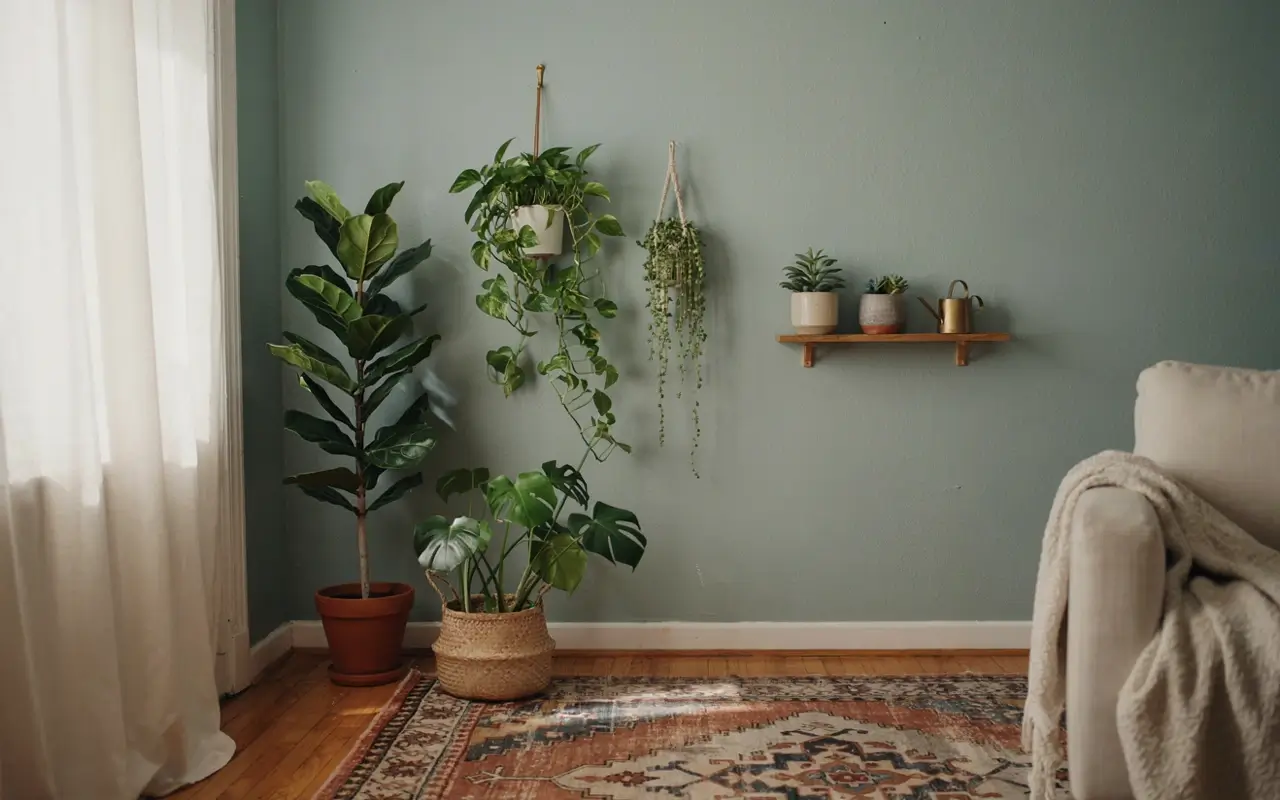 Indoor plants styled as living wall decor on a sage green living room wall with hanging planters and shelf.