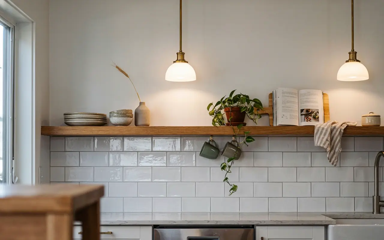 Long wood kitchen shelf across glossy subway tile backsplash with pendant lights, plants, dishes, and cookbook.