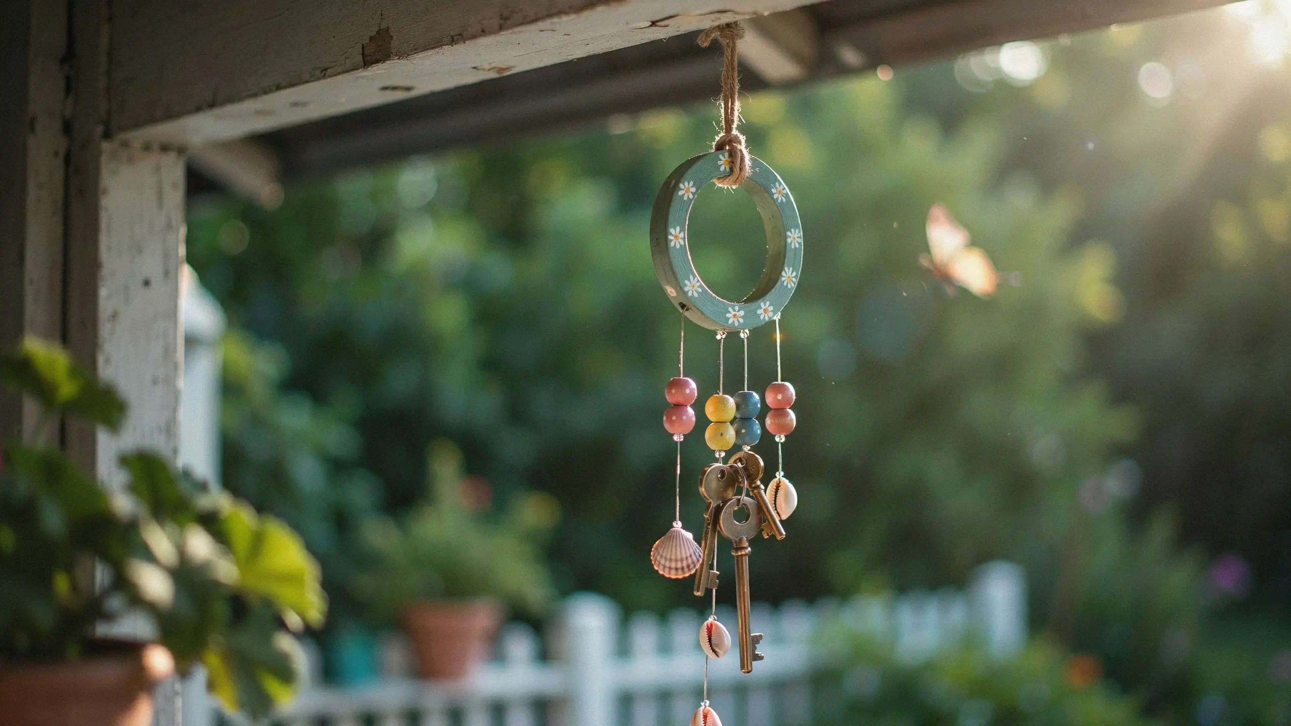 Low-angle view of colorful hand-painted wooden wind chimes dangling against a bright blue outdoor sky.
