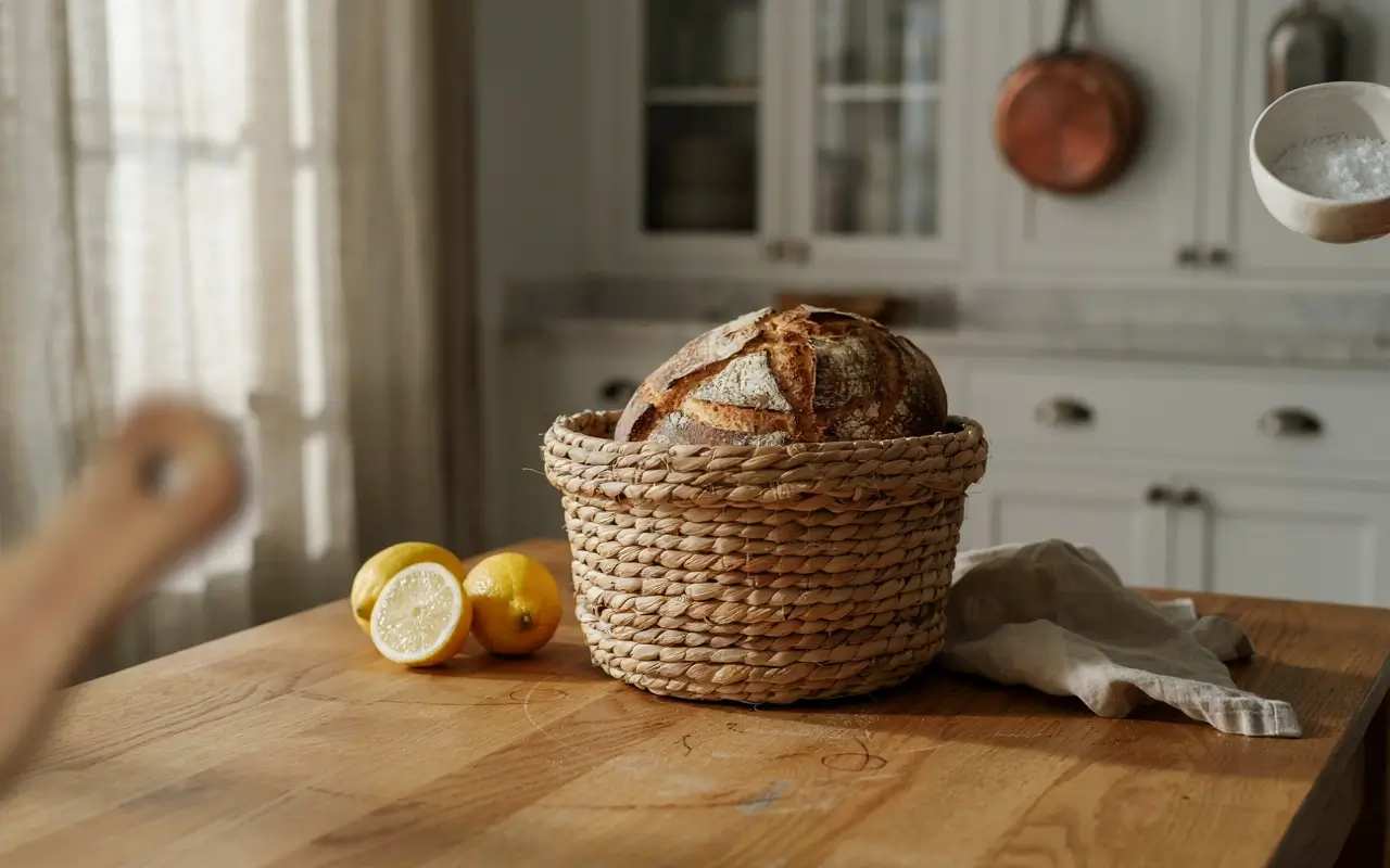 Woven basket of rustic bread with lemons on a wooden table in a cozy lived-in cottage kitchen.