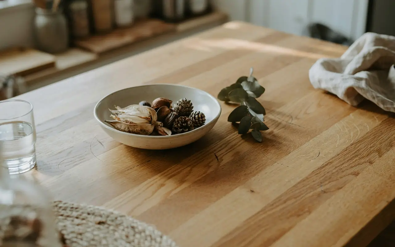 Low ceramic bowl filled with dried pods and pinecones on a natural wood kitchen table.
