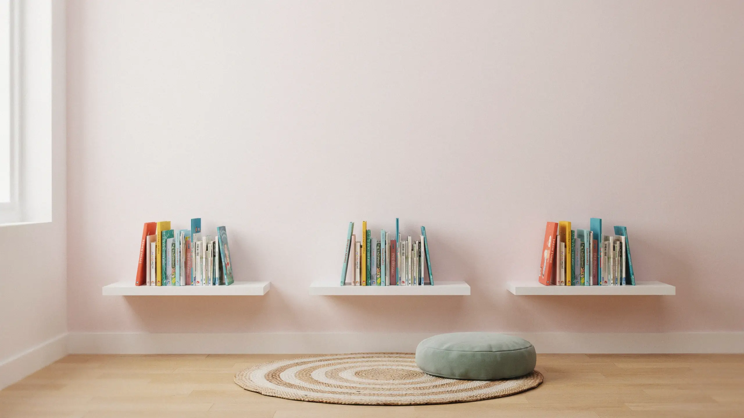 Three low white floating shelves mounted on a pale pink wall displaying colorful children's books spines-out, situated above a round natural fiber rug and sage green floor cushion. 