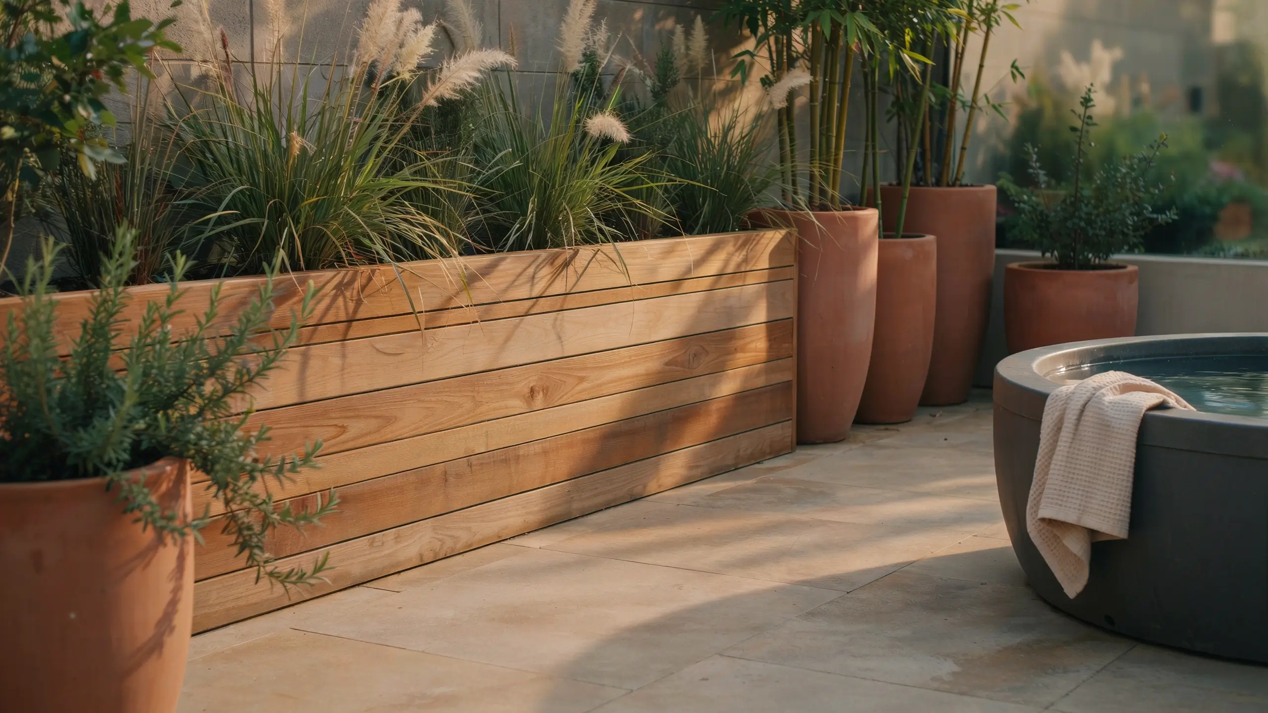 Low wooden fence planter with tall potted ornamental grasses and terracotta pots on a sunny modern patio.