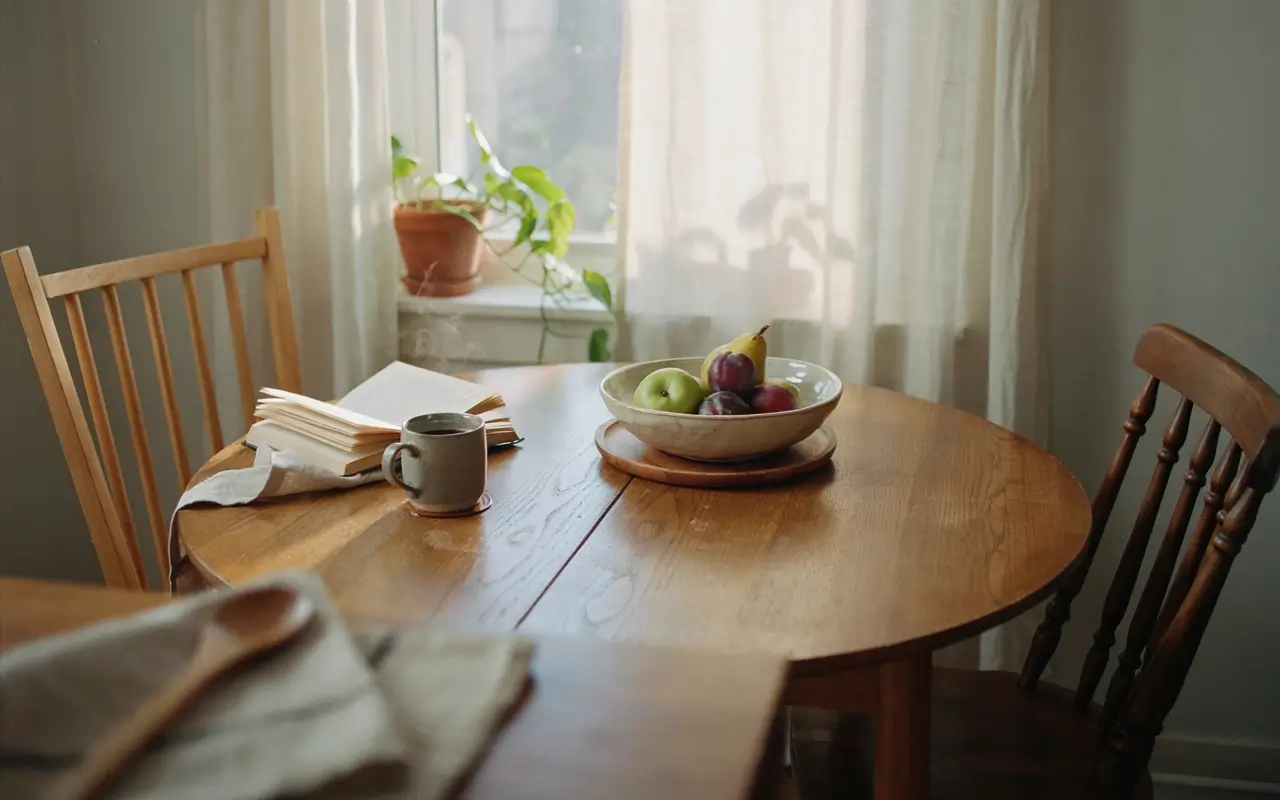 Low wood tray anchors a ceramic fruit bowl on a round wooden dining table beside soft window light.