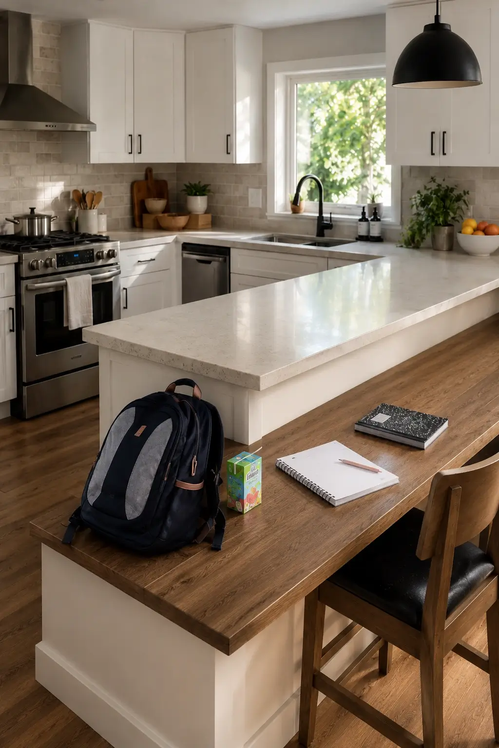 Lowered wood peninsula counter in a white kitchen used as a kids homework spot while dinner cooks.