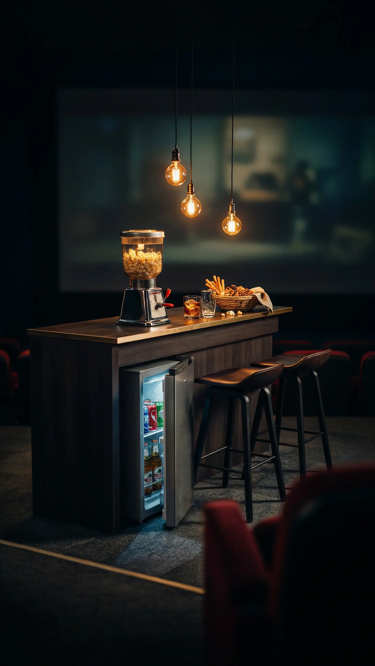 Warmly lit home theater snack bar with glass popcorn maker, open beverage cooler, and two bar stools positioned behind red cinema seats.