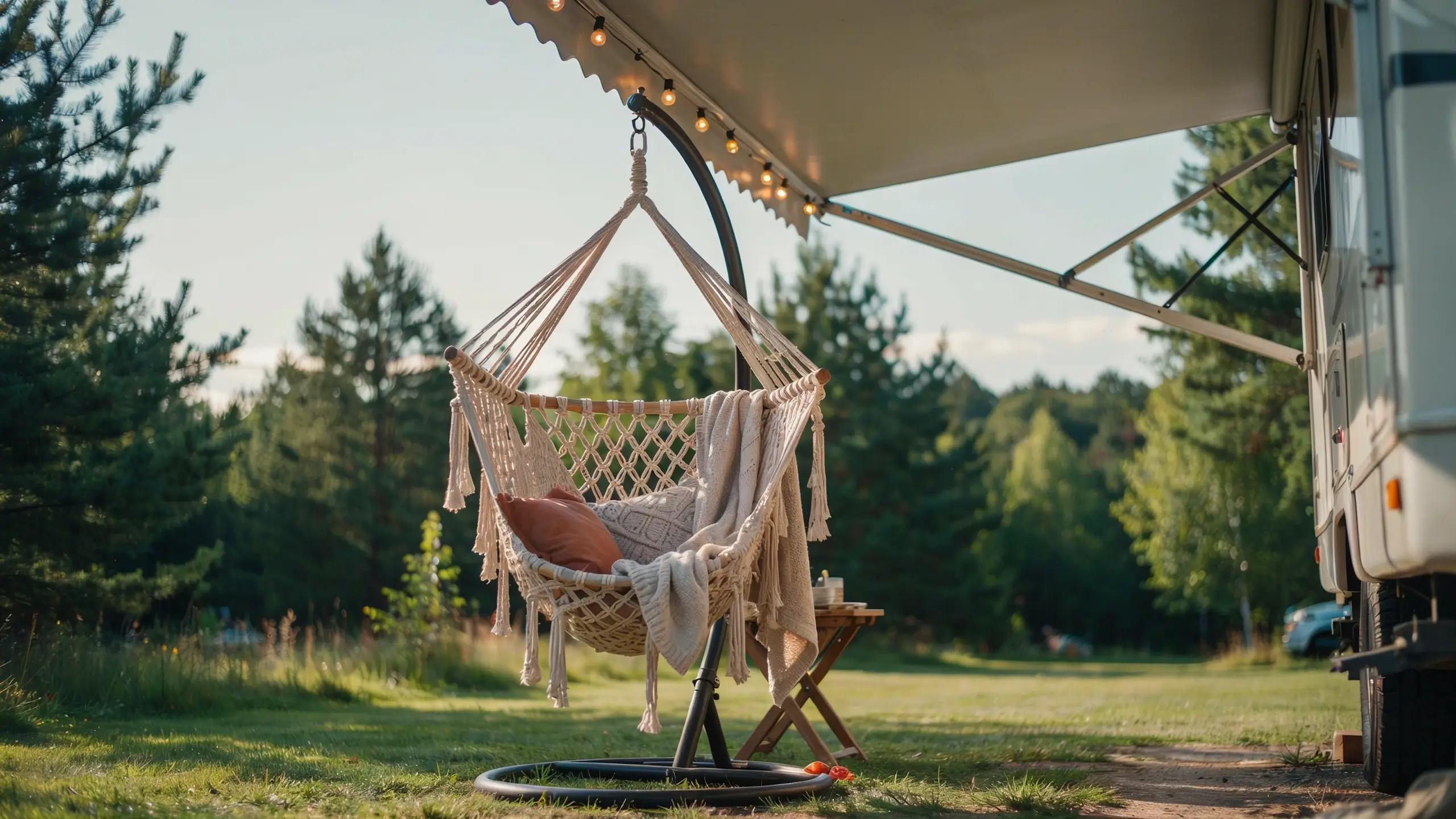 A cream macrame hammock chair with a rust pillow and chunky knit blanket hanging under an RV awning with warm string lights on a forest campsite. 