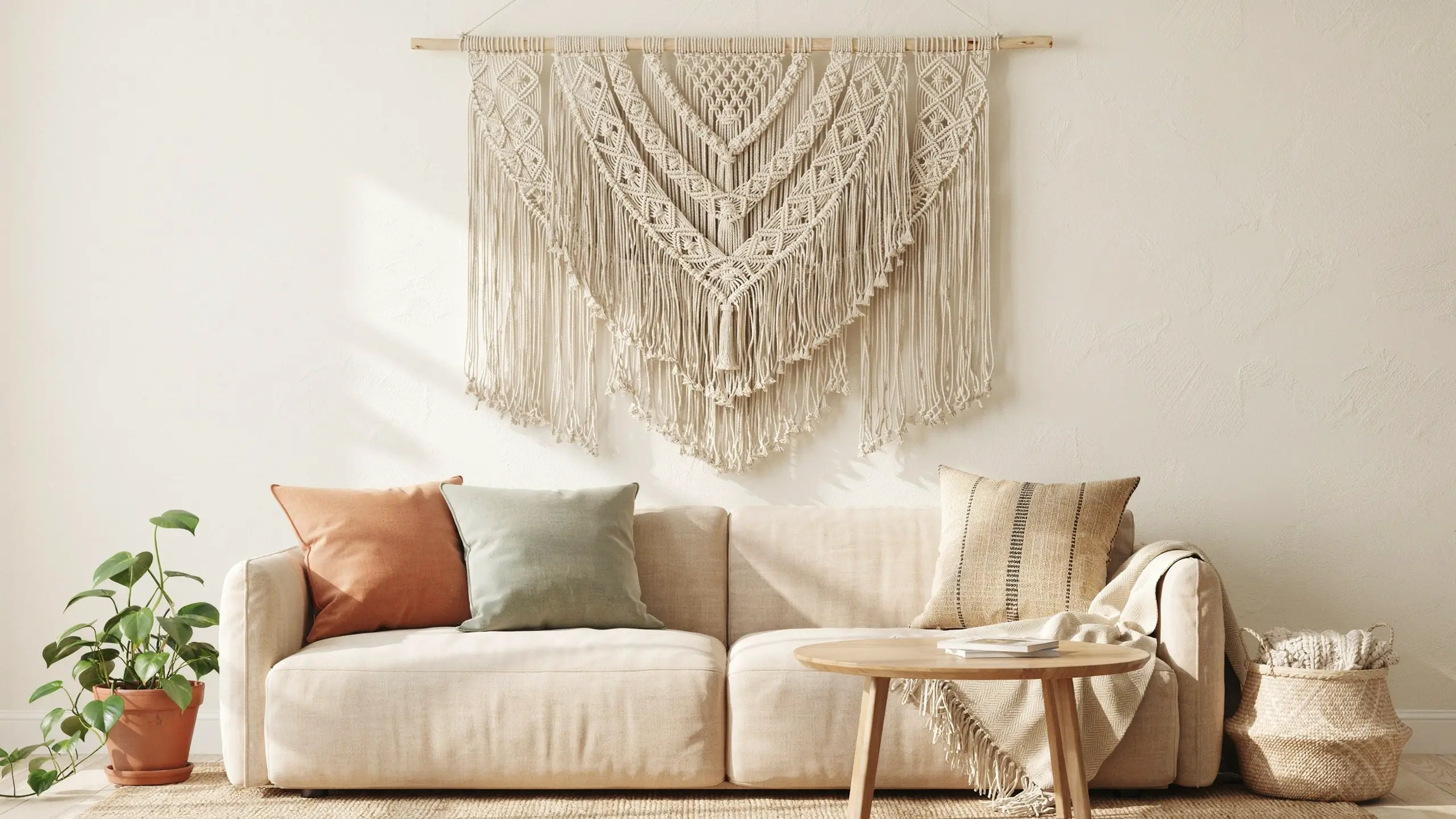 Large cream macrame wall hanging above a beige sofa in a sunlit boho living room.