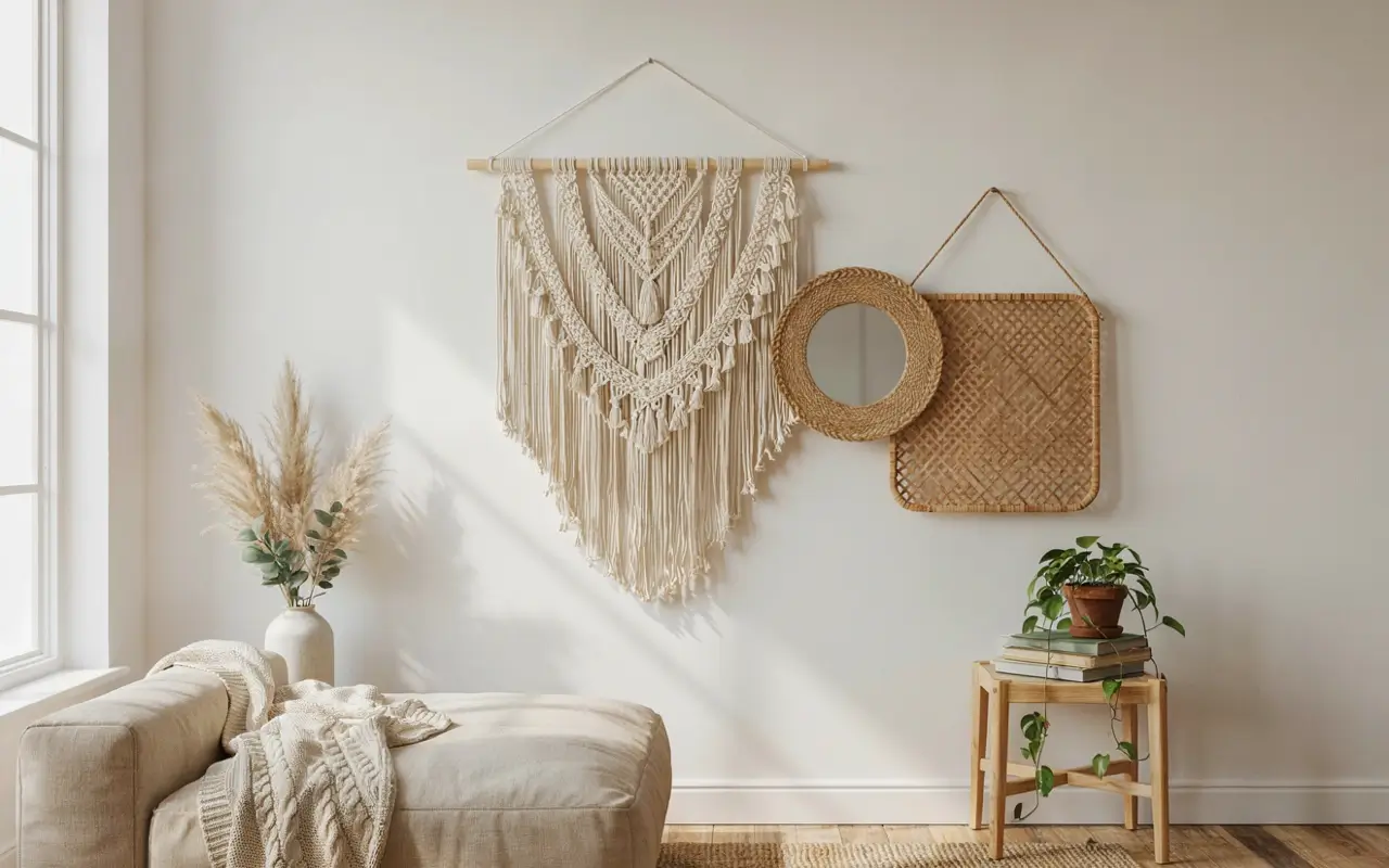 Macrame and woven wall hangings add texture above a beige sofa in a neutral living room.