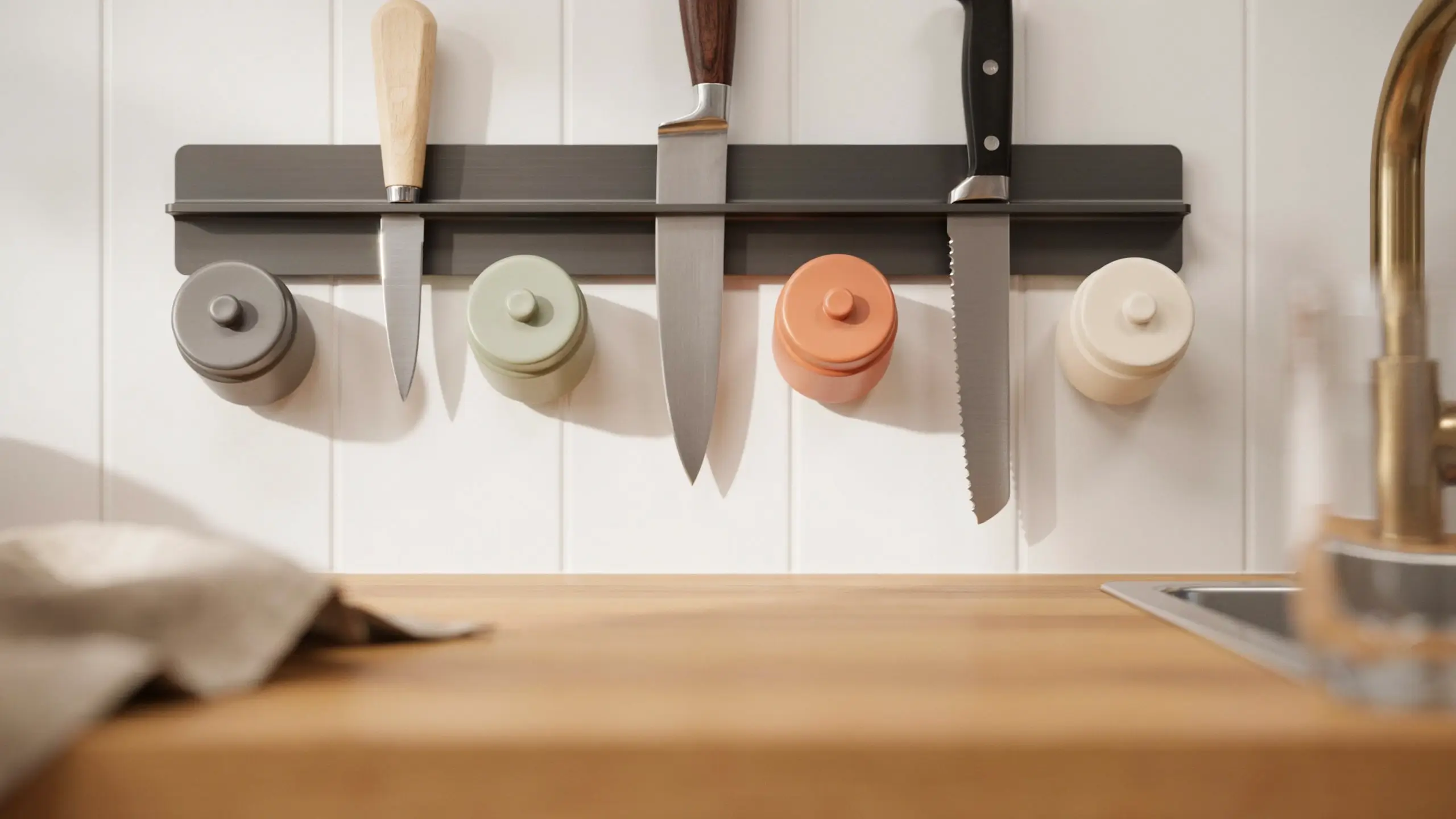 A wall-mounted magnetic knife strip holding three kitchen knives with wooden and black handles above four colorful spice tins in grey, sage green, peach, and cream against a white beadboard wall in a modern minimalist kitchen.