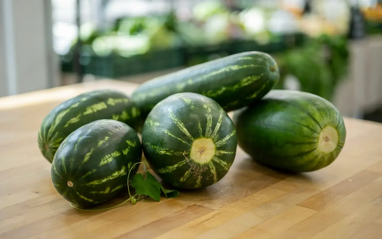 Round and oval watermelons on a wooden counter showing the male and female watermelon shape myth.