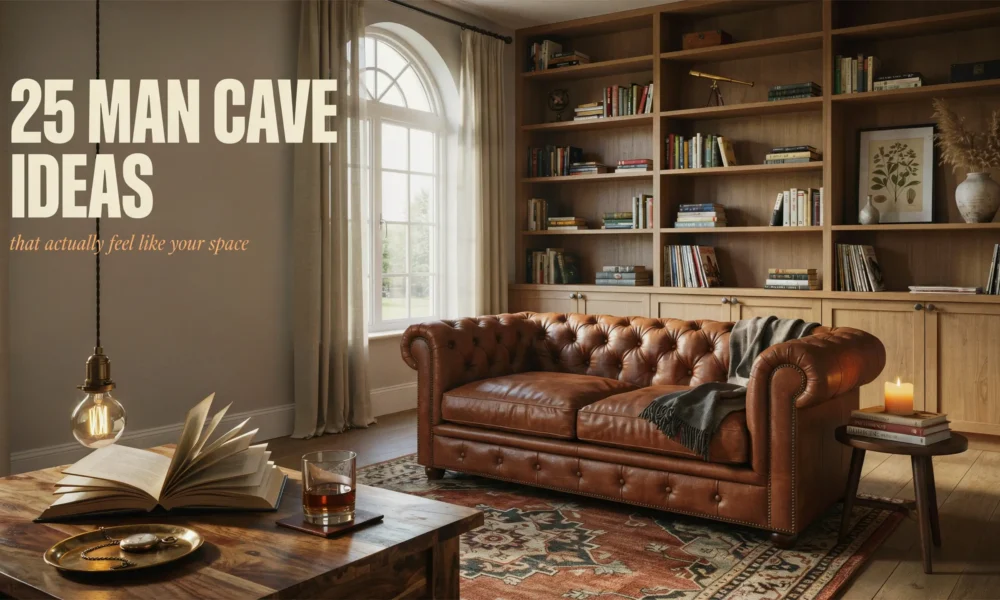 Warm and inviting man cave interior featuring a brown leather tufted Chesterfield sofa, built-in wooden bookshelves, and a rustic coffee table with an open book and a glass of whiskey.