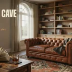 Warm and inviting man cave interior featuring a brown leather tufted Chesterfield sofa, built-in wooden bookshelves, and a rustic coffee table with an open book and a glass of whiskey.