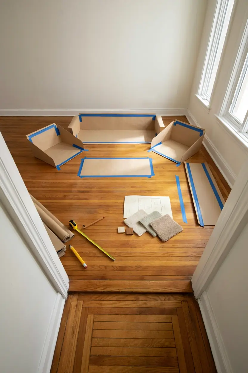 Cardboard furniture templates and painter’s tape mapping a living room layout before buying a sofa
