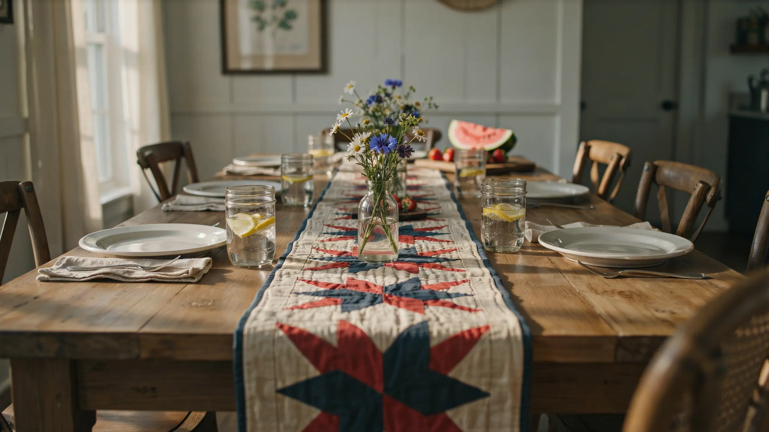 Rustic farmhouse dining table styled with a red, white, and blue quilted table runner featuring Martha Washington star blocks, mason jar glasses with lemon water, and a centerpiece of wild daisies and cornflowers.
