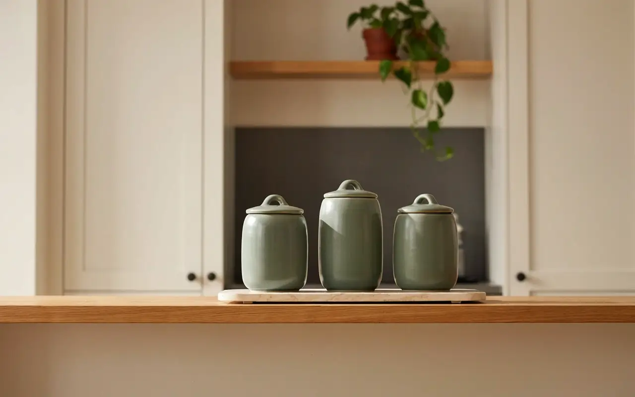 Matching sage green lidded ceramic canisters displayed on a tray in a modern kitchen.