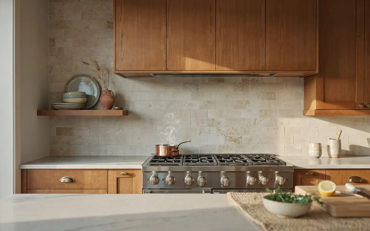 Warm wood kitchen with matching range hood frame, stone tile backsplash, open shelf, and stainless steel range.