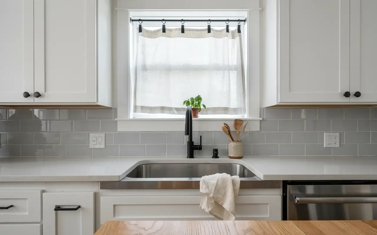 White kitchen sink window with sheer cafe curtain, matte black clip rings, and undermount sink.