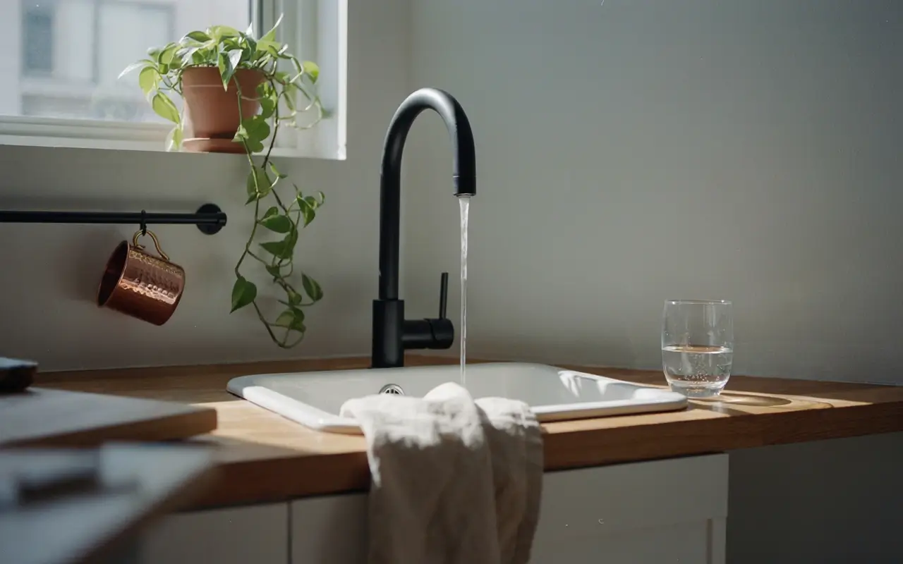 Matte black gooseneck faucet running over a white kitchen sink with wood countertop and trailing plant.