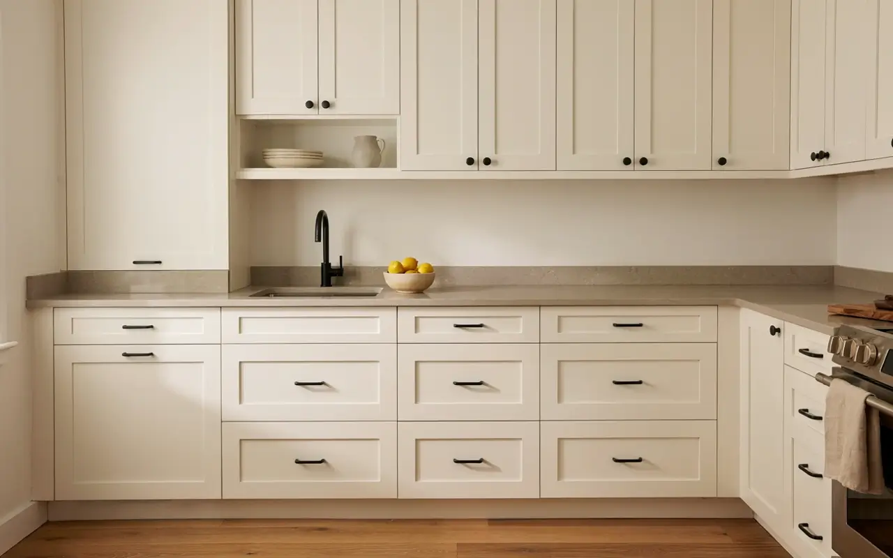 Cream shaker kitchen cabinets with matte black handles, beige countertop, and warm wood floor.